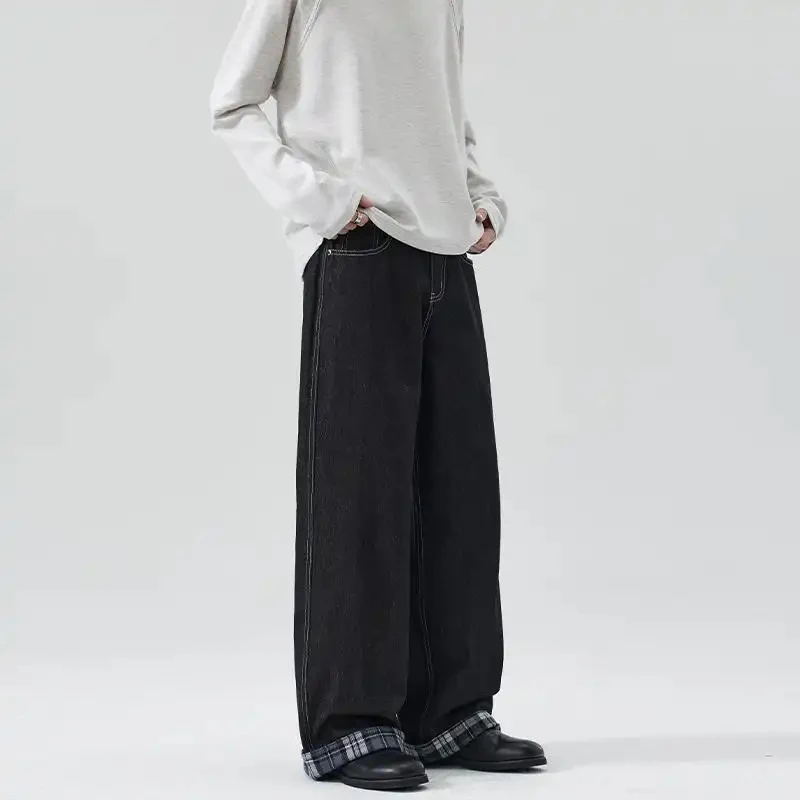 

2026 Spring Summer Patchwork Plaid Rolled Hem Jeans For Men Japanese Style Loose Straight Retro Street Trousers Casual Fashion D