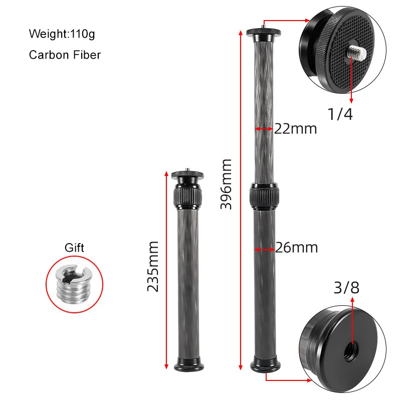 Ręczny, regulowany rozmiar śruby 1/4 "3/8" z włókna węglowego do montażu na statywie Monopod przedłużacz do lustrzanek cyfrowych GoPro Gimbal ręczny — zdjęcie produktu 2