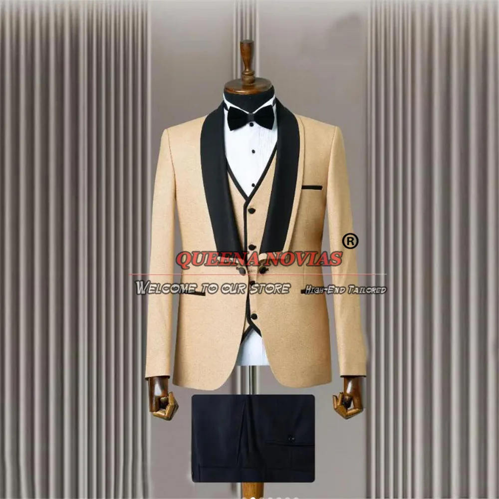 Burgundy Elegant Suits For Men Black Lapel Jacket Vest Pants 3 Pieces Formal Wedding Tuxedos Bespoke Groom Clothing Traje Hombre