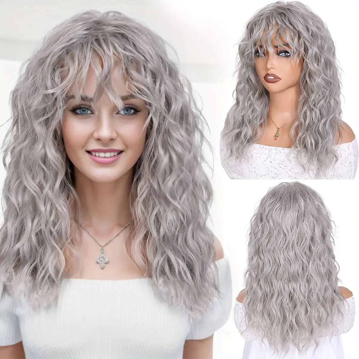 

Hot Selling Bangs Curly Wave Wig Grey Long Big Wave Wig Synthetic Wig