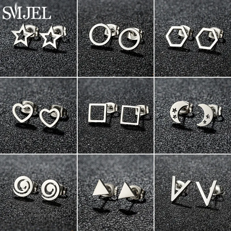 SMJEL Minimalism Star Moon Earings Fashion Jewelry Stainless Steel Geometric Stud Earrings for Women Heart V Shaped Accessories