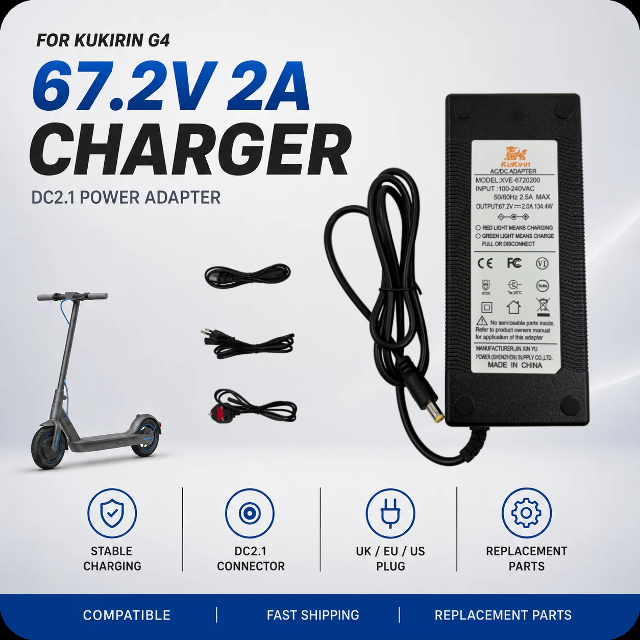 Cargador de Repuesto para Scooter Eléctrico de 67.2V 2A para KuKirin G4, Enchufe CC de 2.1mm, Opciones de Enchufe para Reino Unido/UE/EE. UU.