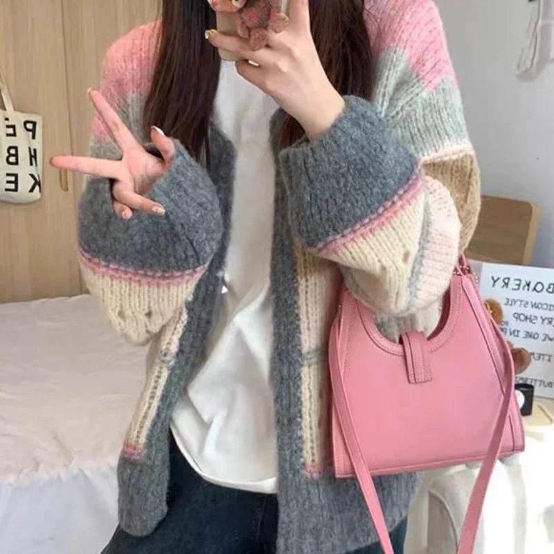 Knit Tops for Woman Cardigan Women's Sweater Striped Kawaii Cute Mesh Winter 2024 Aesthetic Korean Style Harajuku Fashion Modern