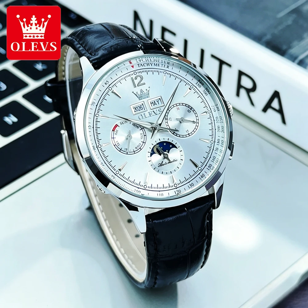 OLEVS Men's Watches Casual Fashion Leather Strap Original Automatic Mechanical Wristwatch for Man Moon Phase Calendar Waterproof