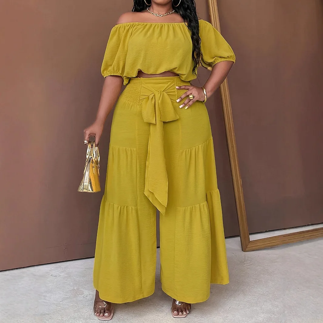 Summer Fashion Casual Plus Size Set With Lace Trim Bubble Sleeve Top And Loose Wide Leg Pants Women's Clothing Ensemble