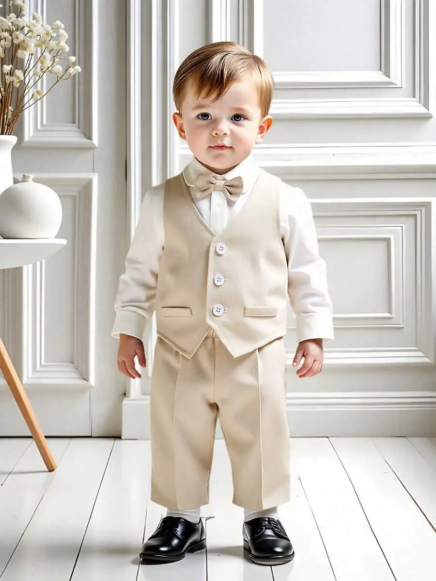 

3-Piece Beige Formal Suit Set for Toddler Boys: Shirt, Vest & Pants