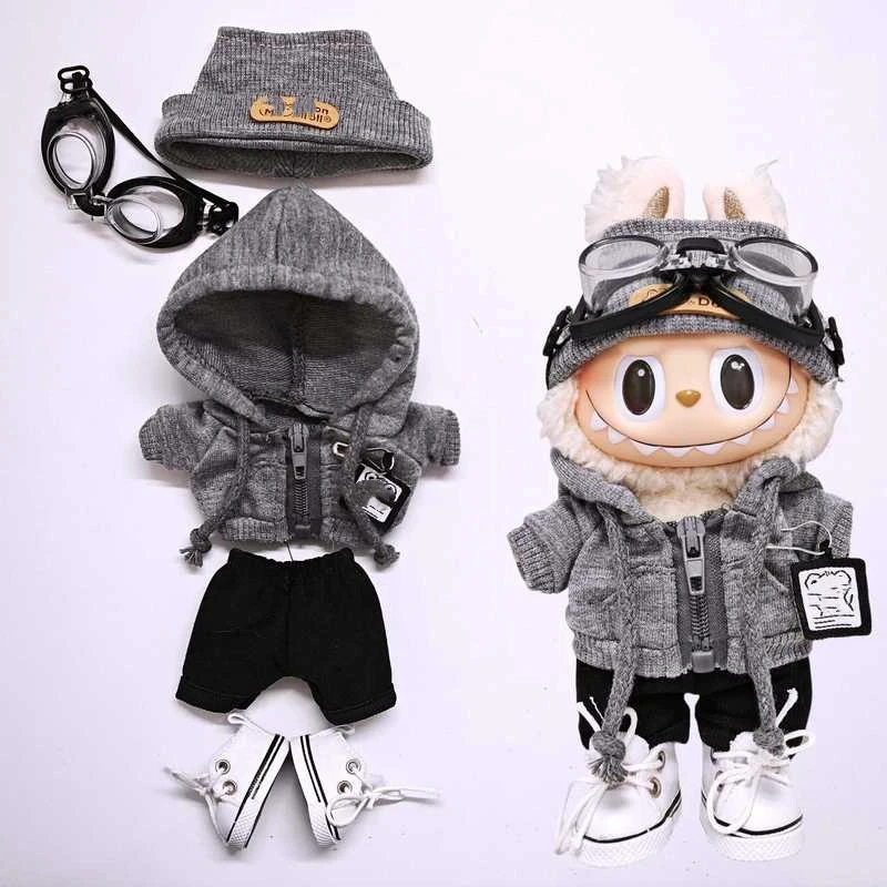 Para tela Labubu de primera segunda generación, conjunto deportivo informal negro súper fresco, ropa para muñecas, cámara y sombrero, accesorios para muñecas, regalos