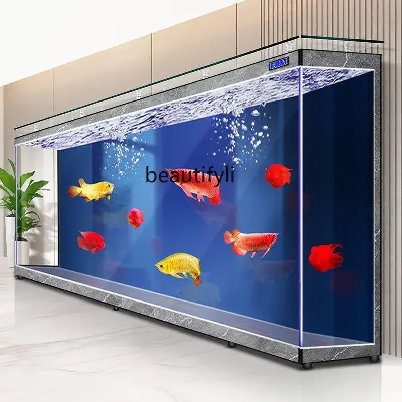 cqyThe new floor-to-ceiling super-large fish tank is integrated against the wall, lazy living room ecological glass rain tank