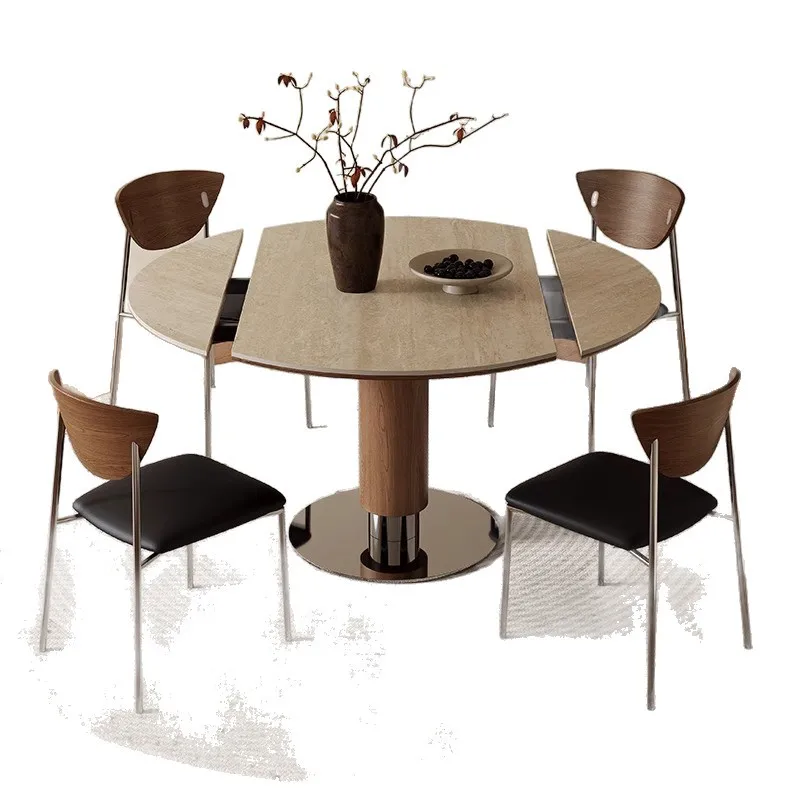 Medieval rock slab dining table and chair combination small round table Bauhaus solid wood round dining table rotating square
