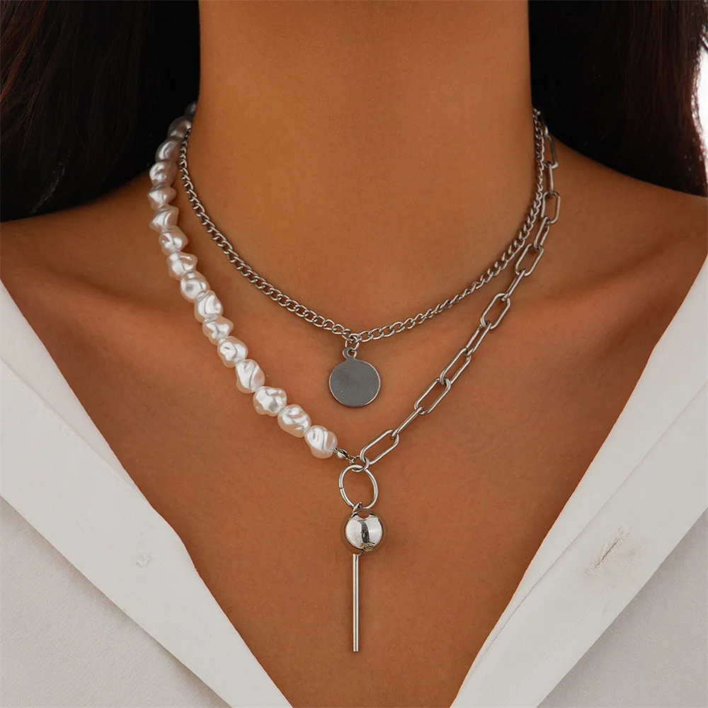 2Pcs/Set Baroque Imitation Pearl Chain Necklace for Women Fashion Goth Round Ball Pendant Necklace Statement Jewelry Gifts 2024