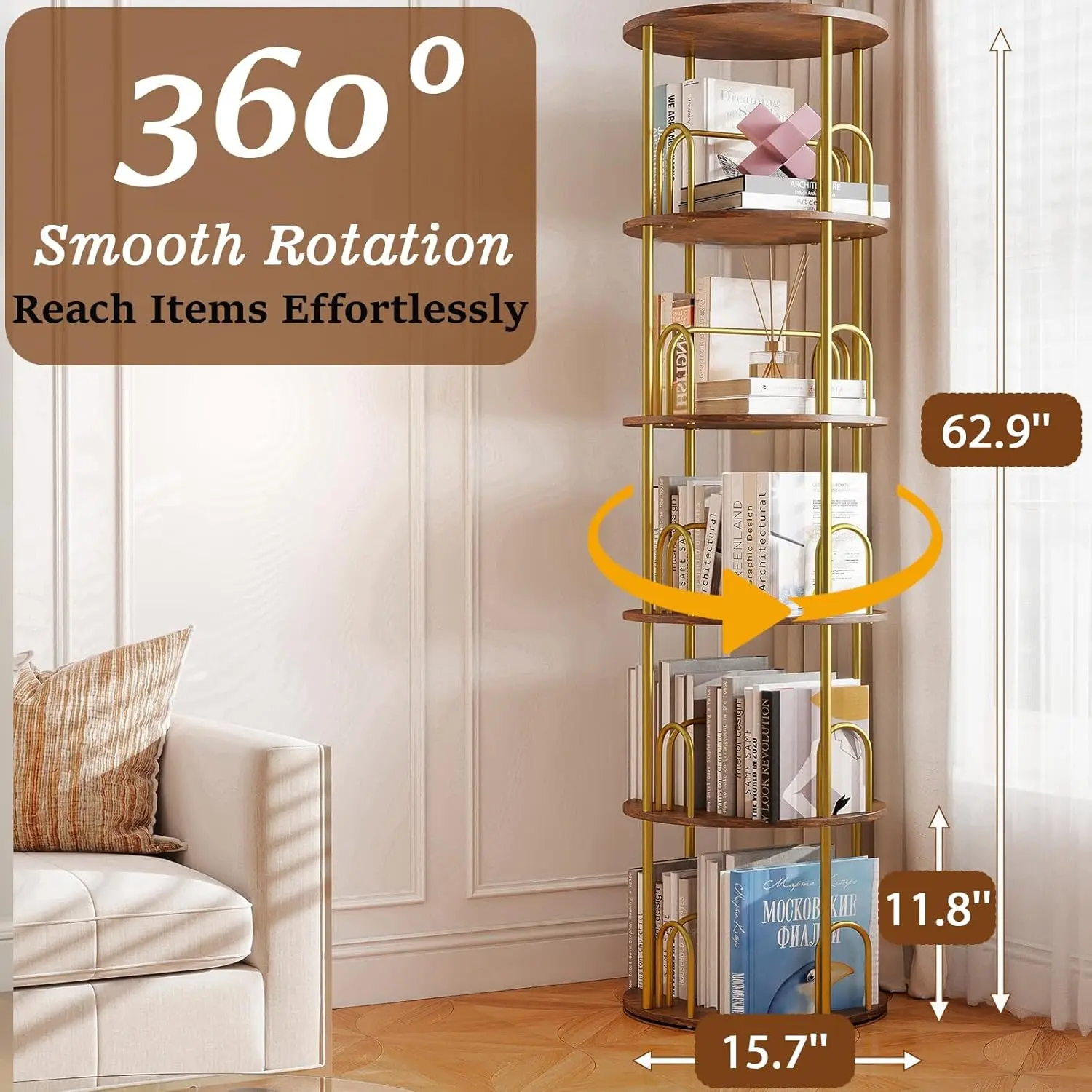 5-Tier Rotating Bookshelf, 360° Round Spinning Book Shelf Tower, Tall Skinny Wood &    Bookshelf for Corner/Office/Home