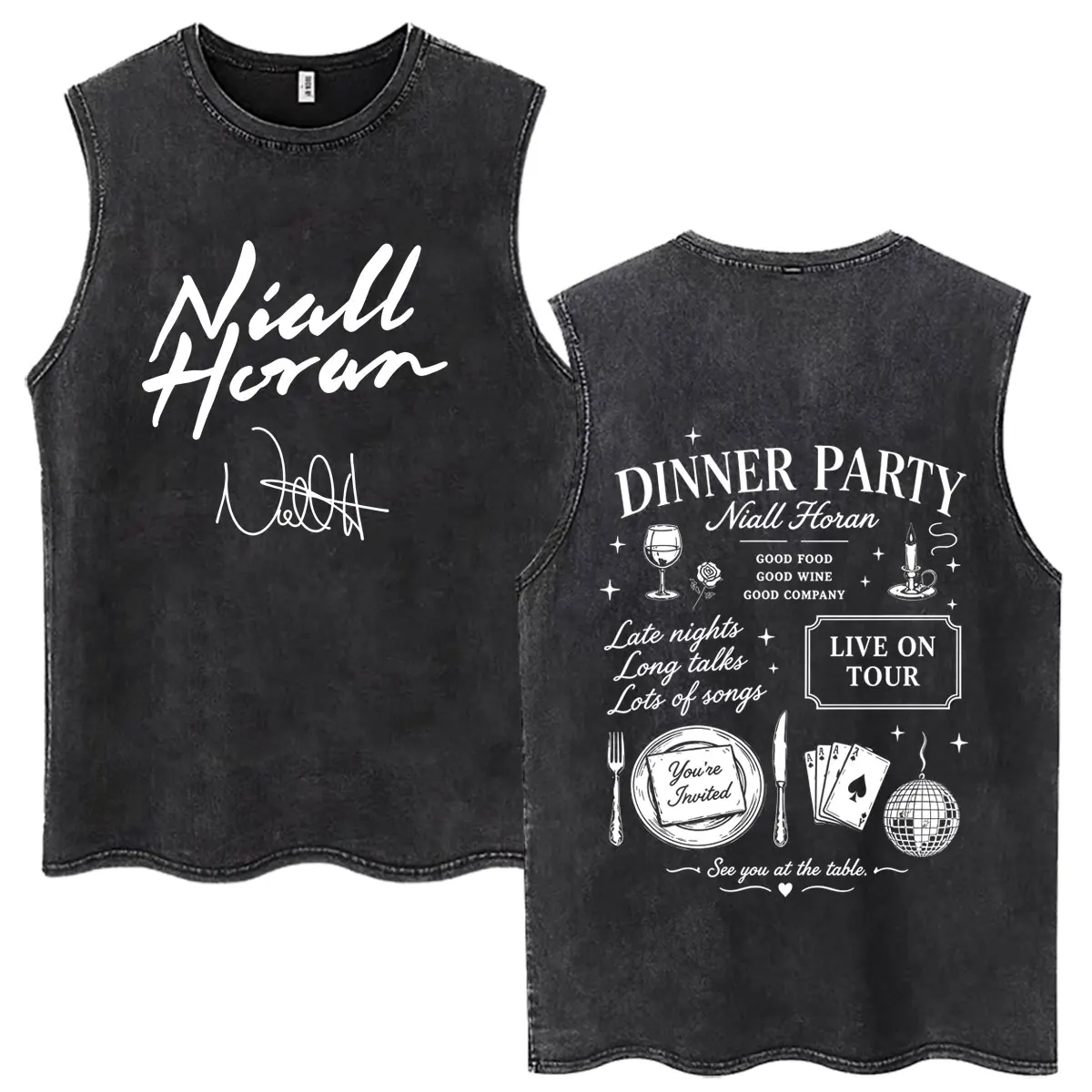 Rapper Niall Horan Dinner Party Live on Tour 2026 Merch Vintage Washed Vest T Shirt Men's Women Fashion Cotton Hip-hop T-shirts