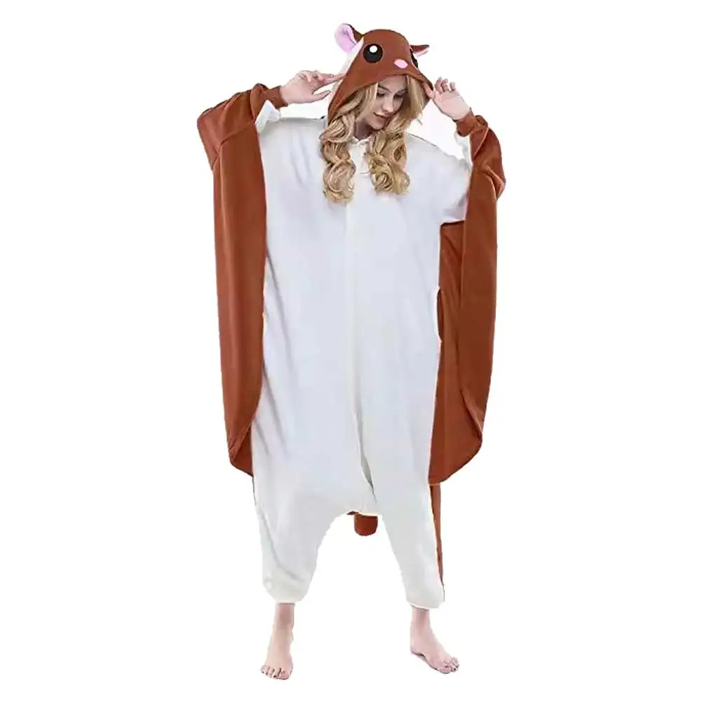 Squirrel Cosplay Jumpsuit Cartoon Animal Fantasy Costume Coral Fleece Hooded Sleepwear Outfits Halloween Carnival Party Suit