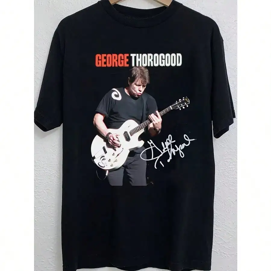

Rare George Thorogood Signature Guitar Tour Black All Size T Shirt Men's Casual Short Sleeve 230g Crew Neck Short Sleeve Tops