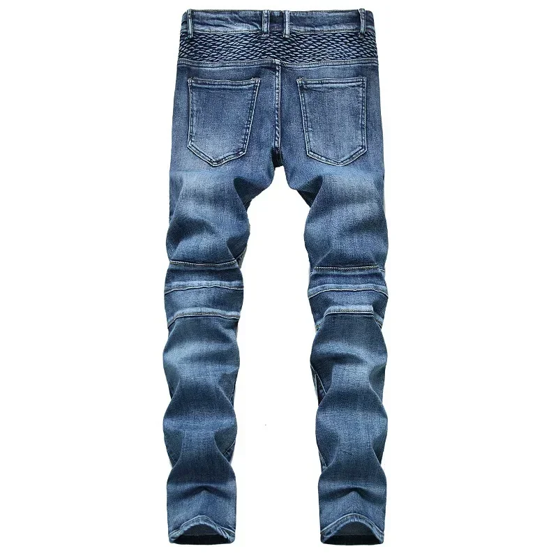 Autumn Men\'s Patchwork Vintage Biker Jeans Hip Hop Trousers Slim Straight Elastic Cycling Denim Pants Male Fashion Streetwear