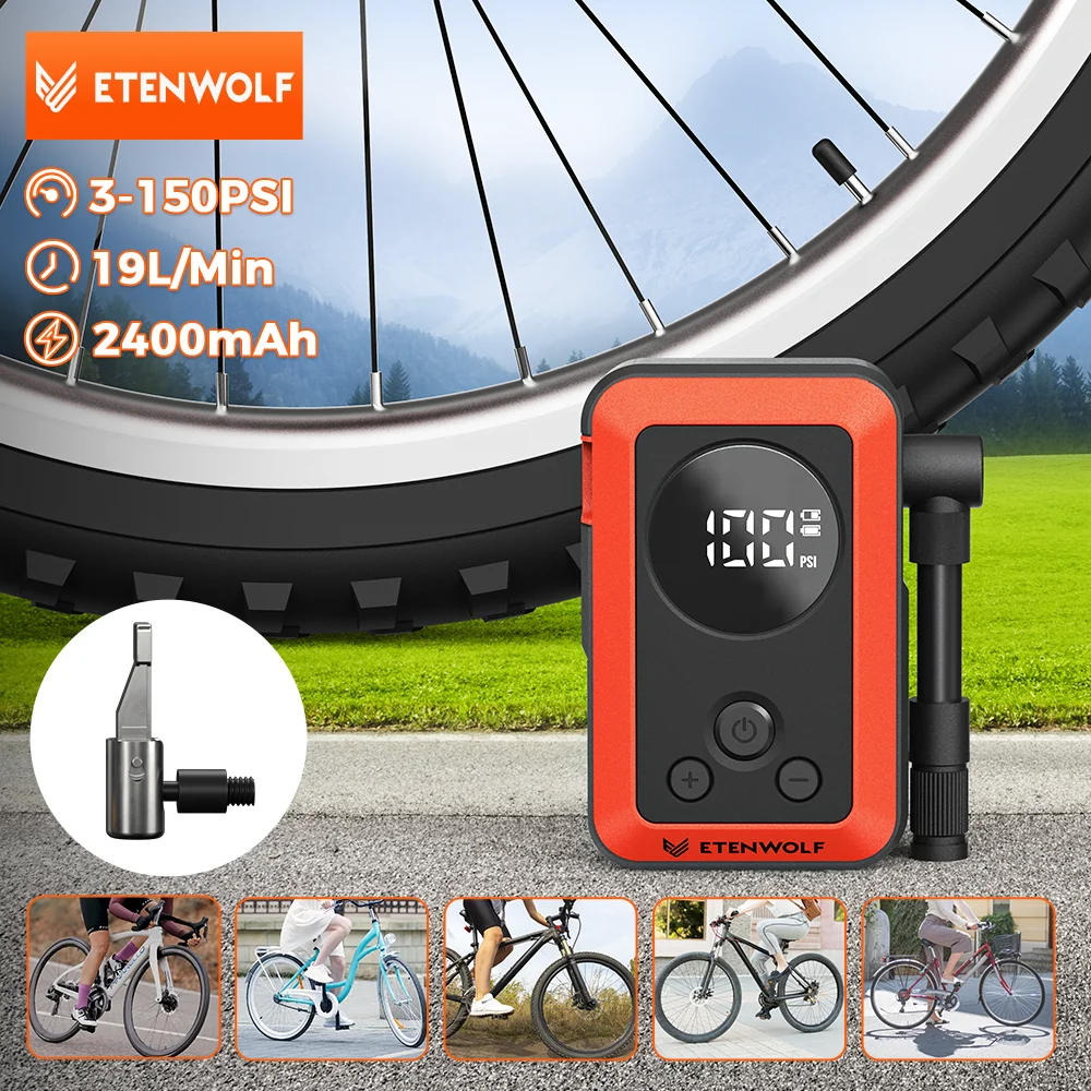 New ETENWOLF S0 Mini Electric Bike Pump Cordless 2400mAh Portable Tire Pump w/ Screen For Motorcycles Balls 150PSI Max Pressure