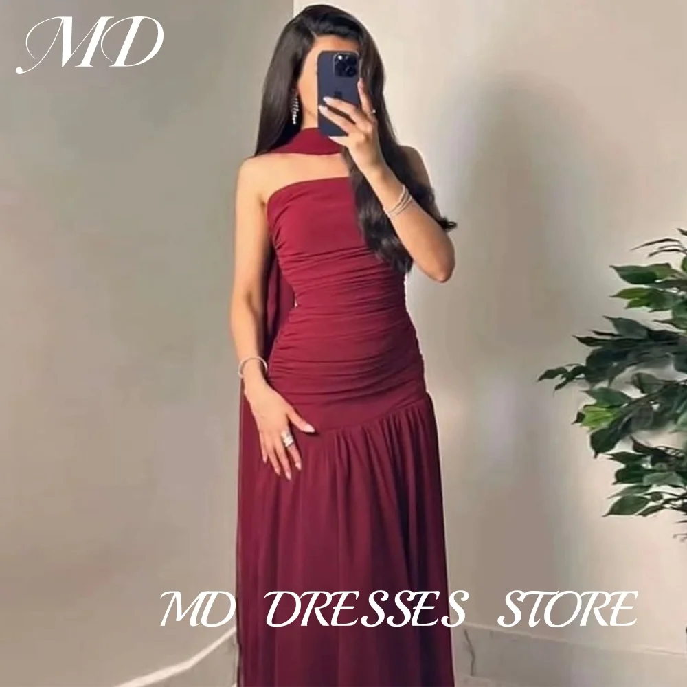 

MD Elegant Strapless Burgundy Evening Dress Saudi Arabic Sleeveless Scarf Floor-Length Prom Gown Customized Party Dress 2025