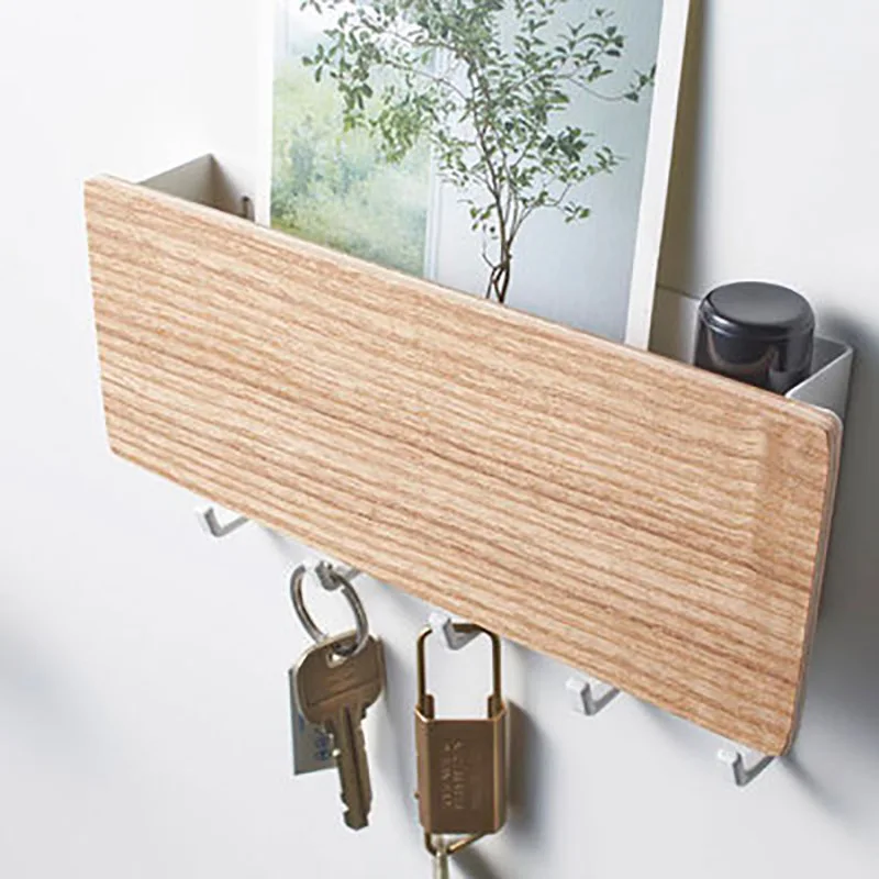 1pc Wall Hanging Storage Key Holder Wooden Wall Mounted Storage Rack with 5 Hooks Plant Mail Storage Organizer for Home Decor