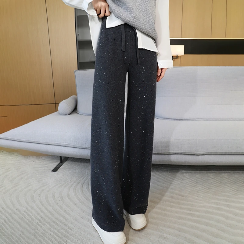 Women's pure cashmere wide-leg pants for autumn and winter, thickened with sequins, high-waisted outerwear knitted cashmere long