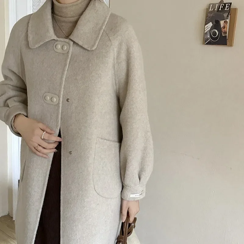 Small lapel design sense Small man simple Korean double-sided wool coat temperament elegant woolen coat new wide