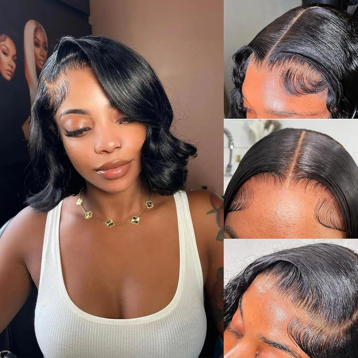 

Brazilian Hair Body Wave Bob Wigs 13x4 Transparent Lace Front Wig 150 Density Virgin Remy Hair Wavy Bob Wig Natural Black Color
