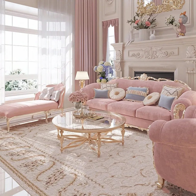 French Carved Solid Wood Sofa Set, Luxury Palace Style Fabric 3-Seater for Small Living Room