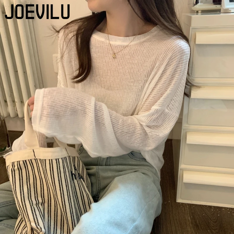 JOEVILU Women's long-sleeved sun shirt Thin girls simple loose T-shirt  Summer Slightly Transparent Bottom Shirt Niche Chic Top