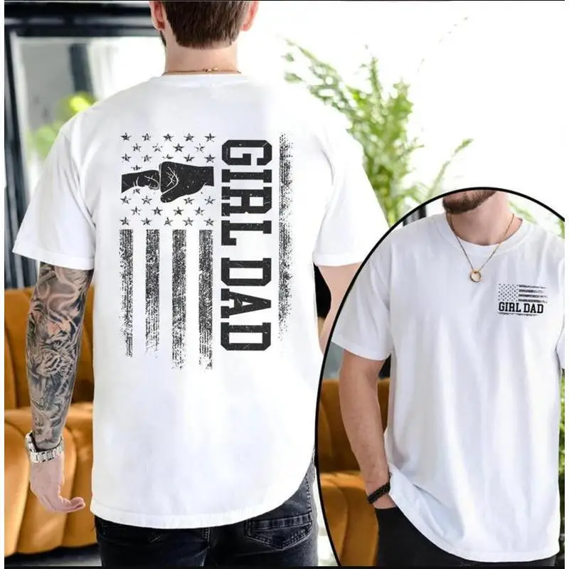 

Men's Girl Dad T-Shirt American Flag Fist Bump Graphic Tee Father's Day Gift Idea Patriot Dad Life Casual Top