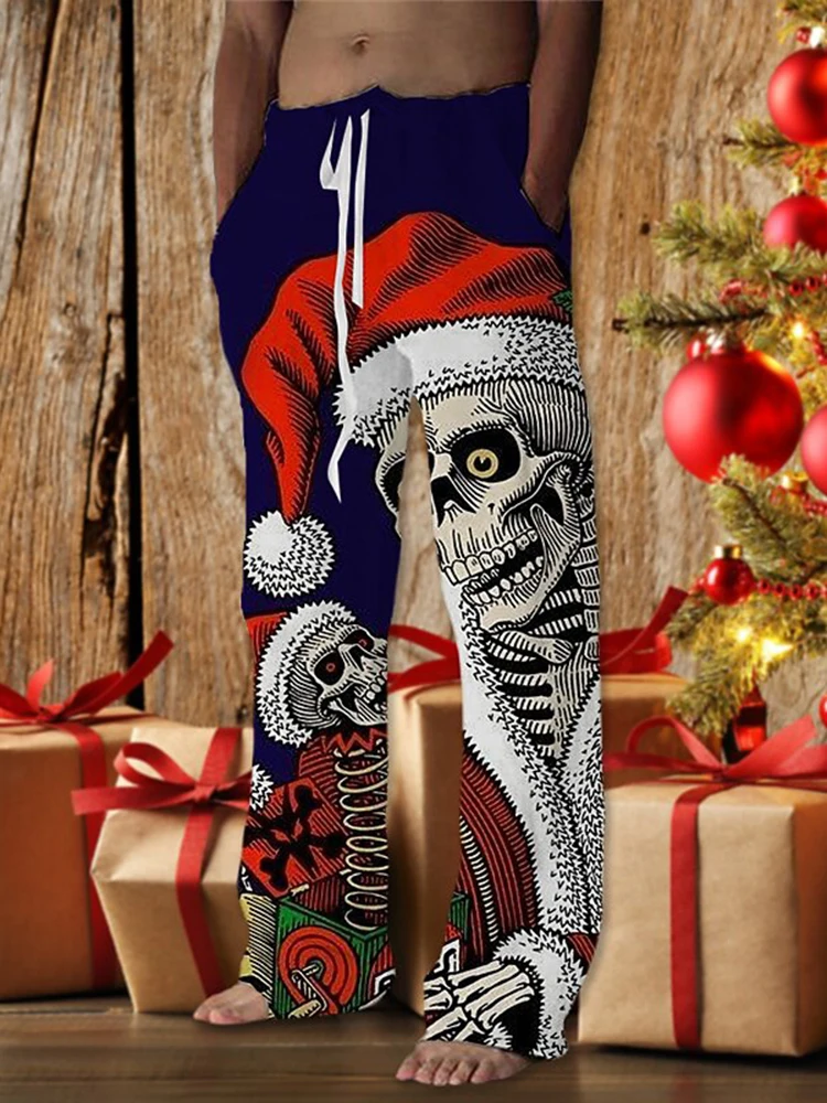 กางเกงลำลองผู้ชายลายหัวกะโหลกตลกๆ สำหรับฤดูใบไม้ร่วงคริสต์มาส ปี 2025 กางเกงลำลองใส่ได้ทุกวันและอเนกประสงค์ มีเชือกผูกเอว ไซส์ S-5XL