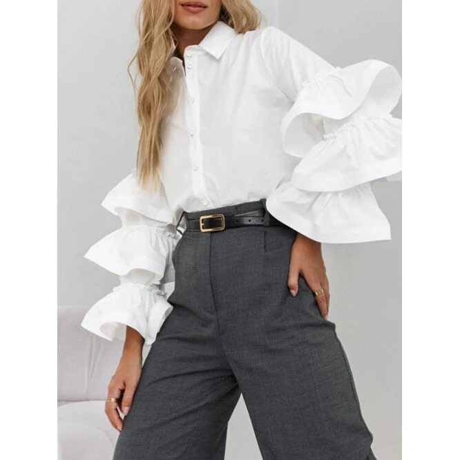 Casual witte irt met kanten rand 2024 herfst winter nieuwe Sle veelzijdige dames losse pasvorm lange Sve Bubble Sve polyester