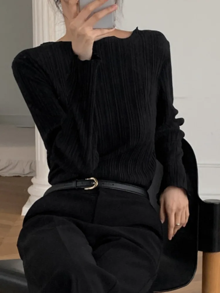 Elegant Petal Collar Texture Slim Fit Long Sleeve Base Shirt Women's Top Fashionable Versatile Autumn New Arrival Sweater