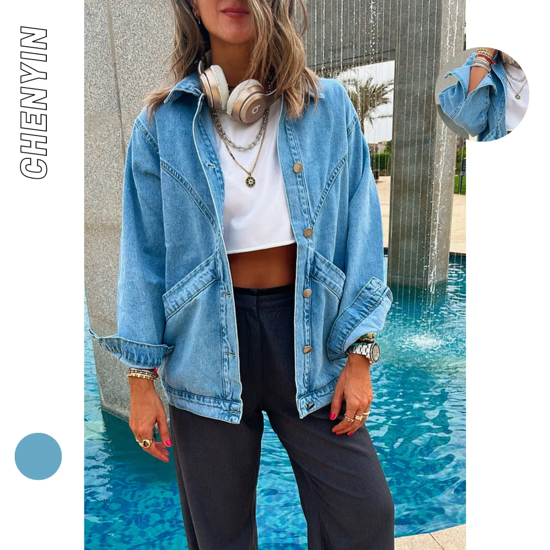 

Washed Denim Style Loose Women's Jacket Retro Water Blue Cotton Outerwear Short Coat Female Fashion Winter Collection