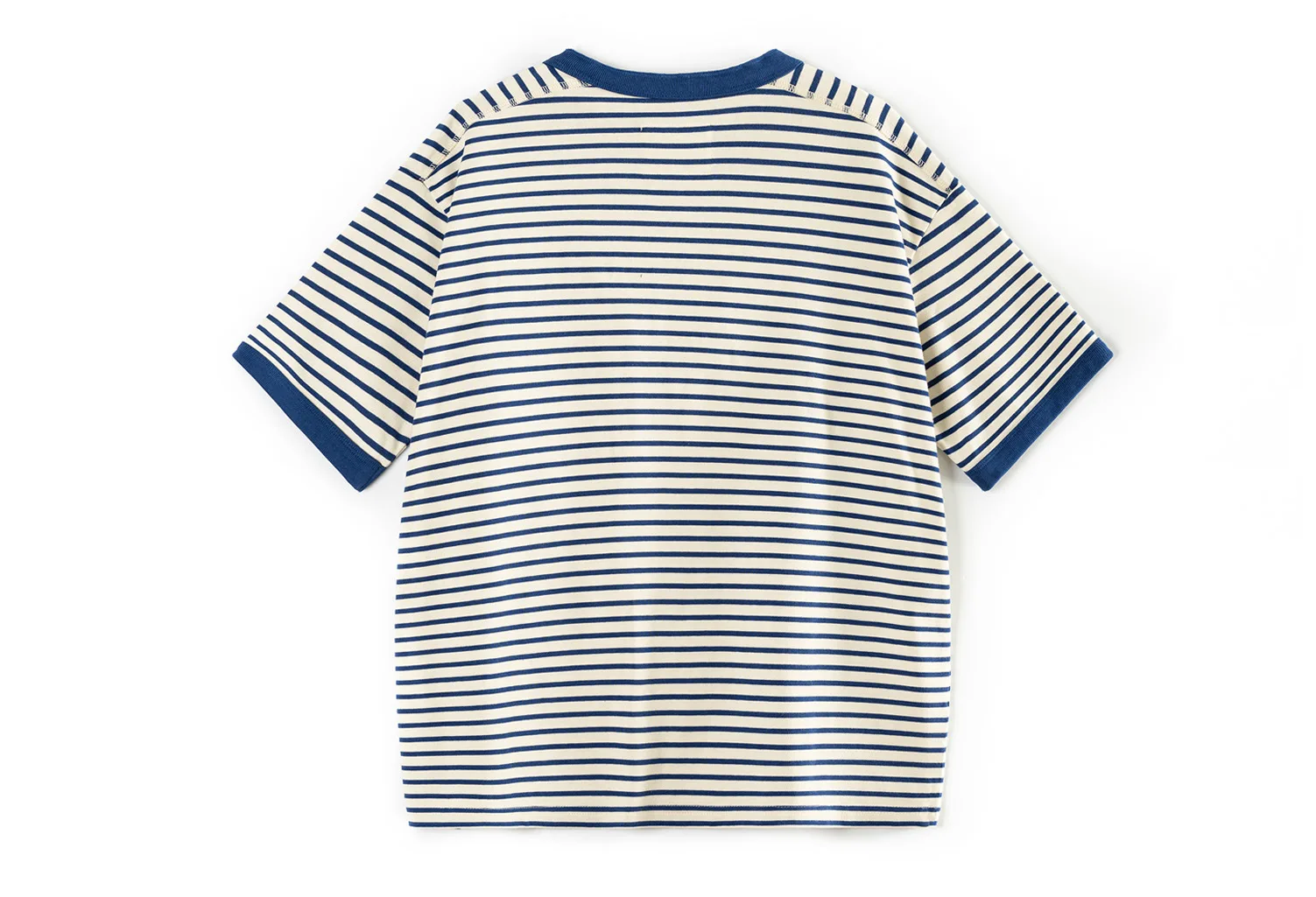 Huang's Weaving_Heavyweight Cotton Striped T-shirt American Retro Henry Collar Striped Half Sleeve Sailor Shirt Classic Washed