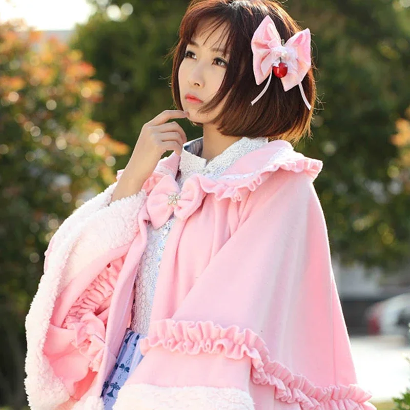 Autumn Winter Warm Thickened Lolita Capes Ponchos Japanese Style Girl Sweet Cute Bow Loose Cape Coat Women Princess OverCoat