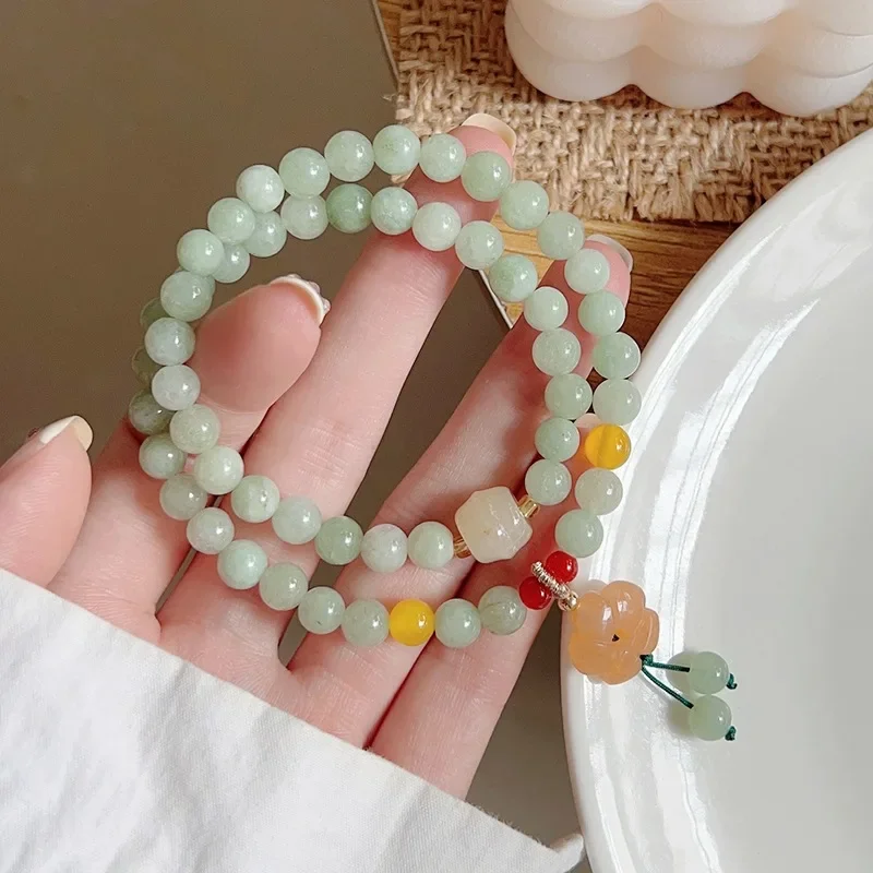 

Elastic Jade Flower Bracelet with Vintage and Multi-layered Colorful Stone Design Stylish Two-circle Wristband for Women Boho