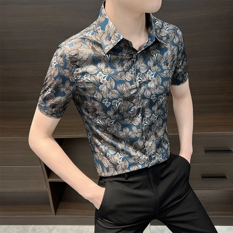 Men's Premium Ice Silk Short Sleeve Shirt Summer Floral Print Slim Fit Lapel Top Casual Streetwear