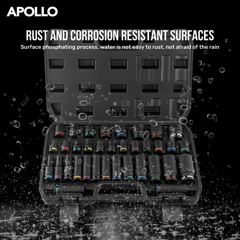 Apollo 1/2" Drive Impact Socket Set 10PC 8-24mm, Thick-Wall CrV Steel Pneumatic Sockets w/Color Rings, Auto Repair Kit for Tire