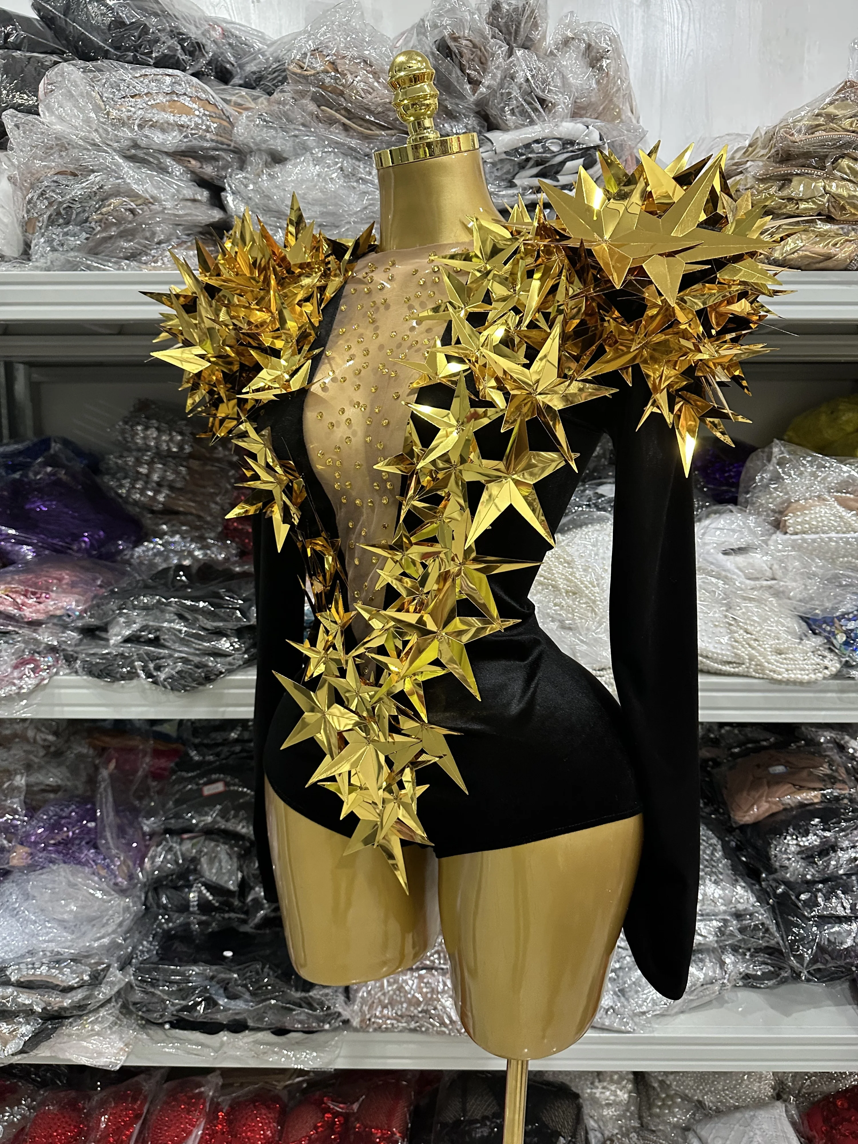 Preto branco feminino manga longa sexy dourado brilhante estrelas bodycon bodysuit veludo celebrar boate festa bar dançarino palco wear