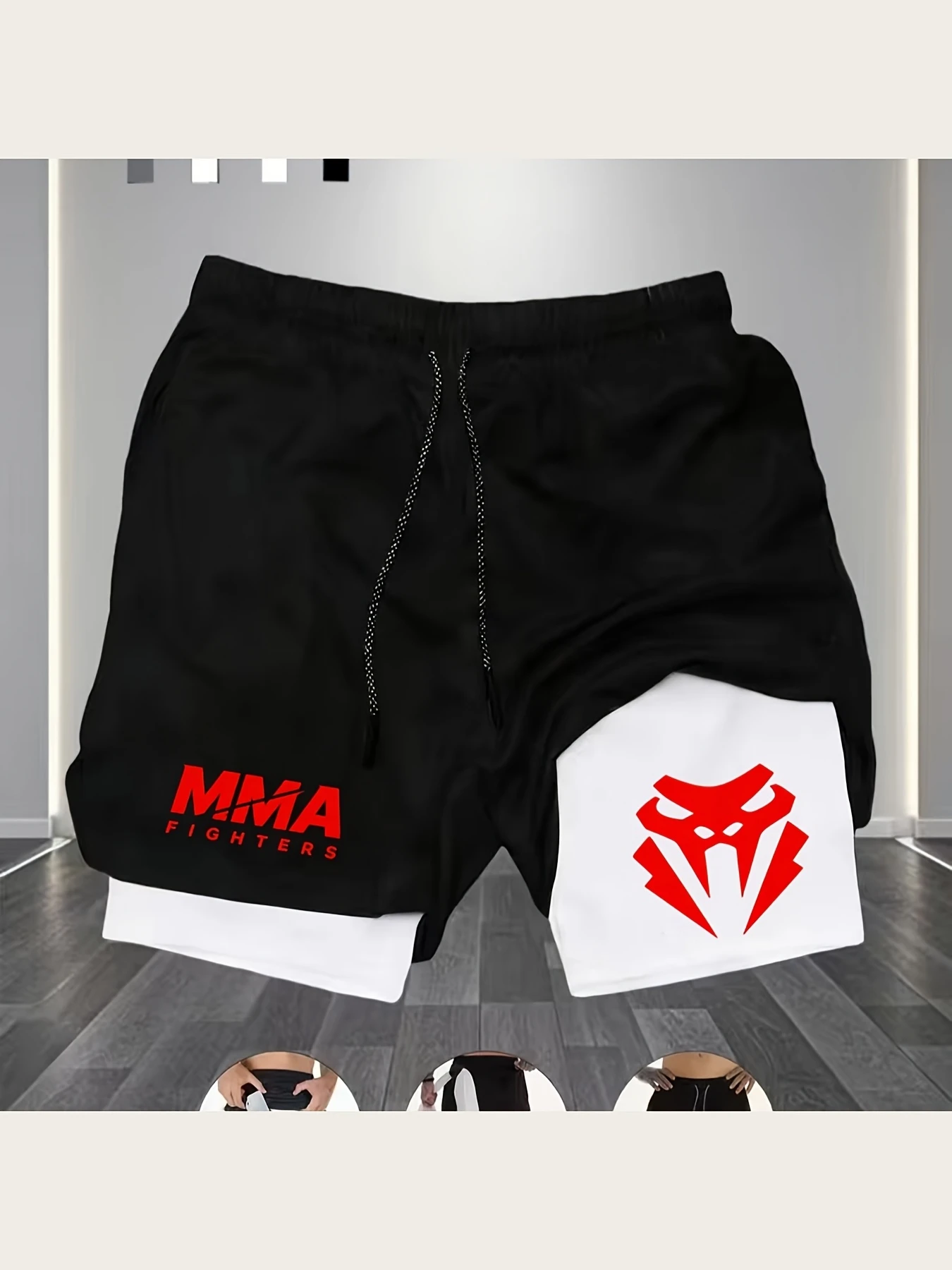 Men'S Double-Layer Athletic Shorts, MMA Fighting Print Quick-Dry Breathable Fitness Running Shorts with Phone Pouch