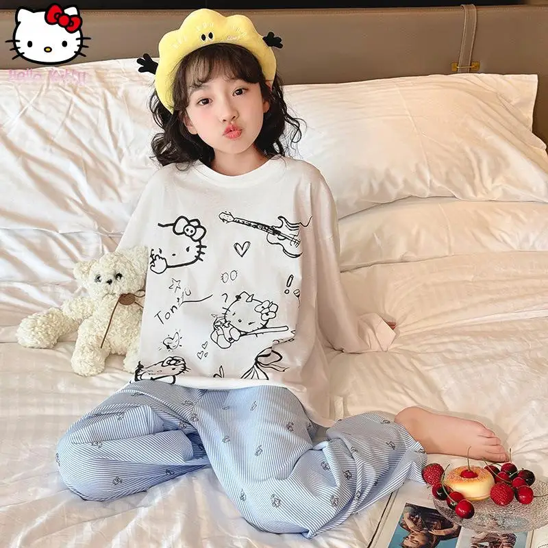 

Комплект из 2 предметов: Новые пижамы Hello Kitty для девочек, тонкие, с длинными рукавами, в стиле аниме, для подростков, с мультяшным принтом, для дома и улицы, приятные к телу, мягкие
