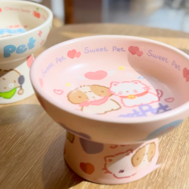 Ceramic Bowl 2024 New Children\'s Fun High Foot Pink Yellow Water Bowl for Neck Protection Cats and Dogs Cat and Dog Universal