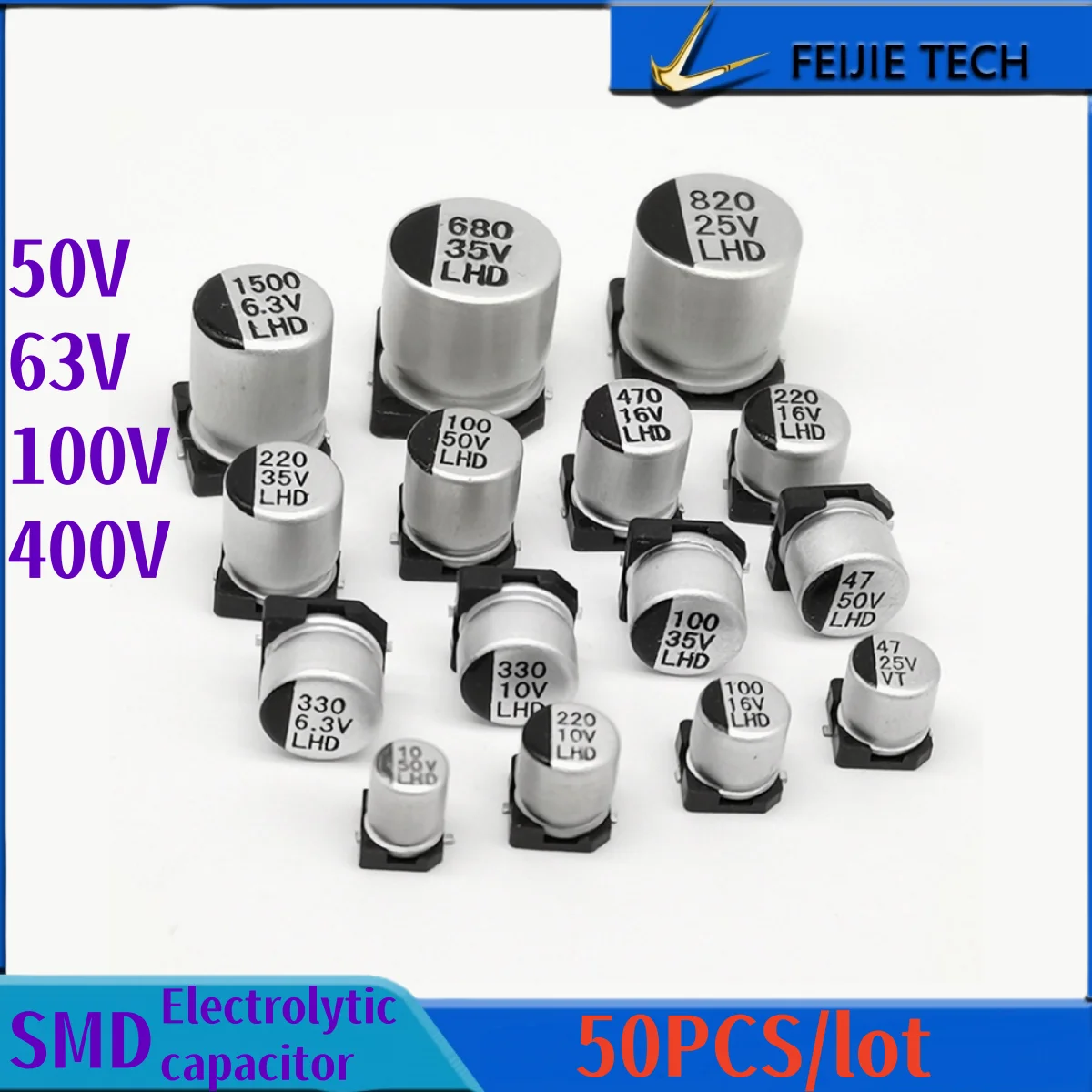 

50pcs/lot SMD Electrolytic Capacitor Aluminum 50V 63V 100V 400V 1UF 2.2UF 4.7UF 10UF 47UF 100UF 220UF 330UF 470UF 1000UF