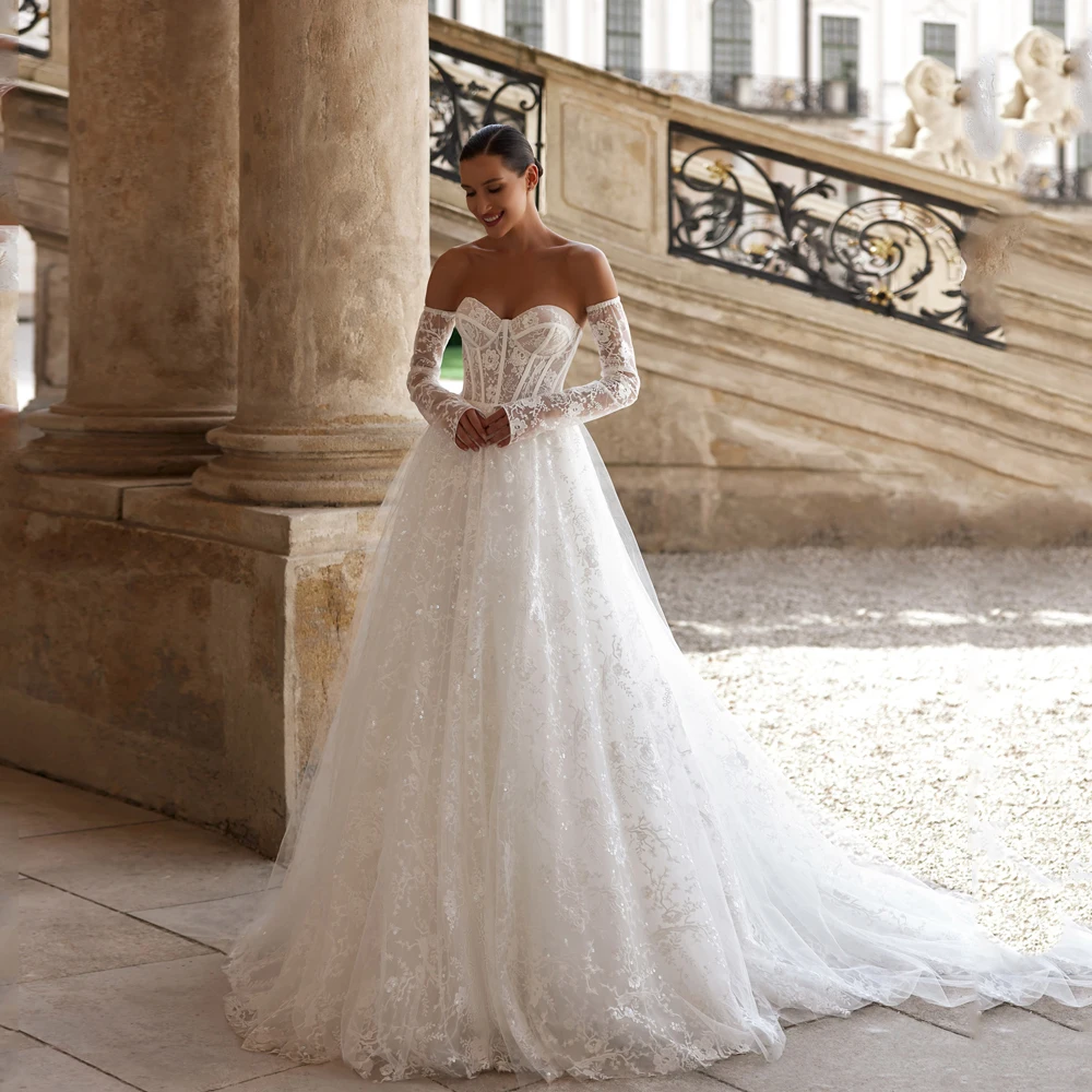 

Luxury Sweetheart Wedding Dress Applique Detachable Long Sleeve Lace Up Romatic Bride Gowns 2025 A Line Customized Sweep Train