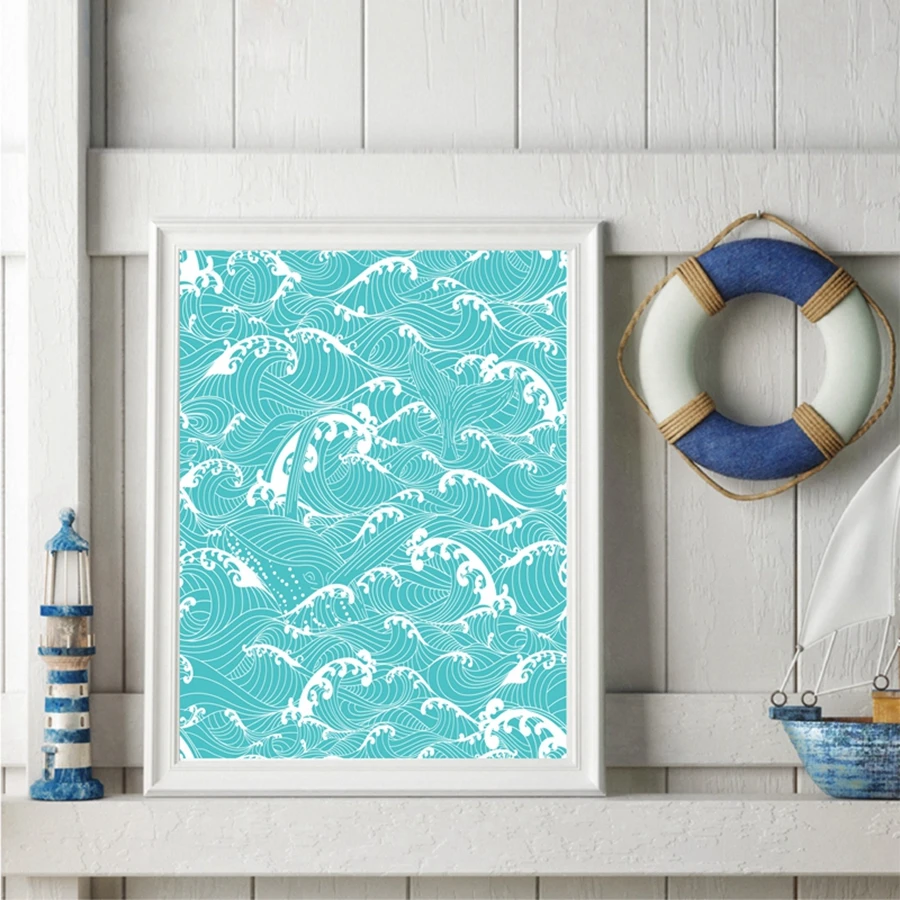 1pc frameless Canvas Painting Blue Ocean Waves With Whale Posters And Prints Wall Art Canvas Painting Wall Pictures Nautical Dec