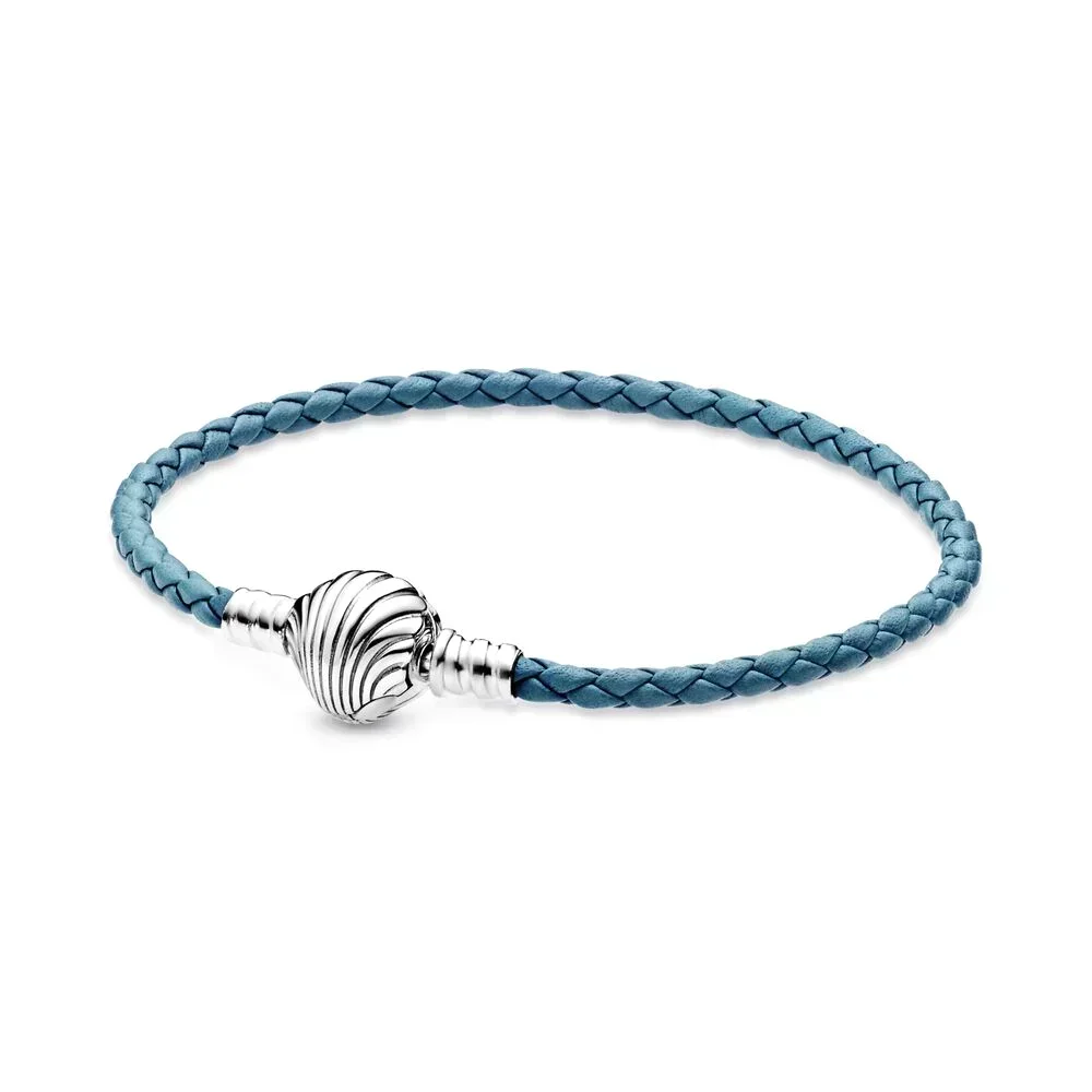 

2020 NEW 100% 925 Sterling Silver Moments Seashell Clasp Turquoise Braided Leather Bracelet For Women Original DIY Jewelry Gift