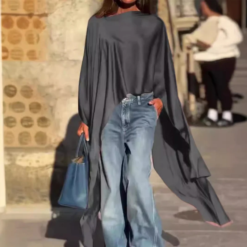 Autumn Casual O Neck Batwing Sleeve Shirt Women Fashion High Street Irregular Pullover Elegant Solid Color Commuting Top Blouses