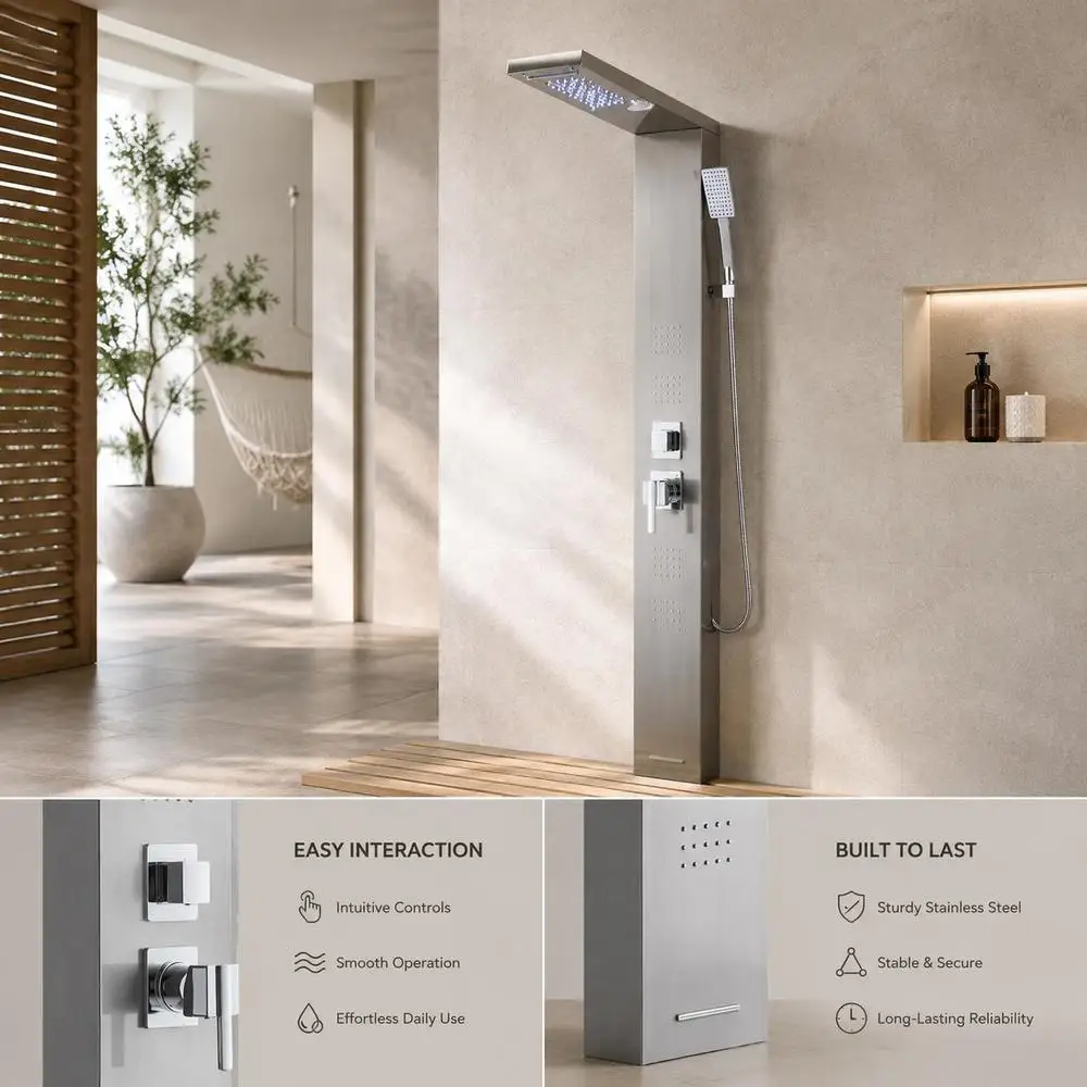 Système de colonne de douche de 53 pouces, finition nickel brossé, pomme de douche à effet pluie et cascade, colonne avec mitigeur 5 modes, douchette à main et bec de baignoire, kit de rénovation de salle de bain moderne.