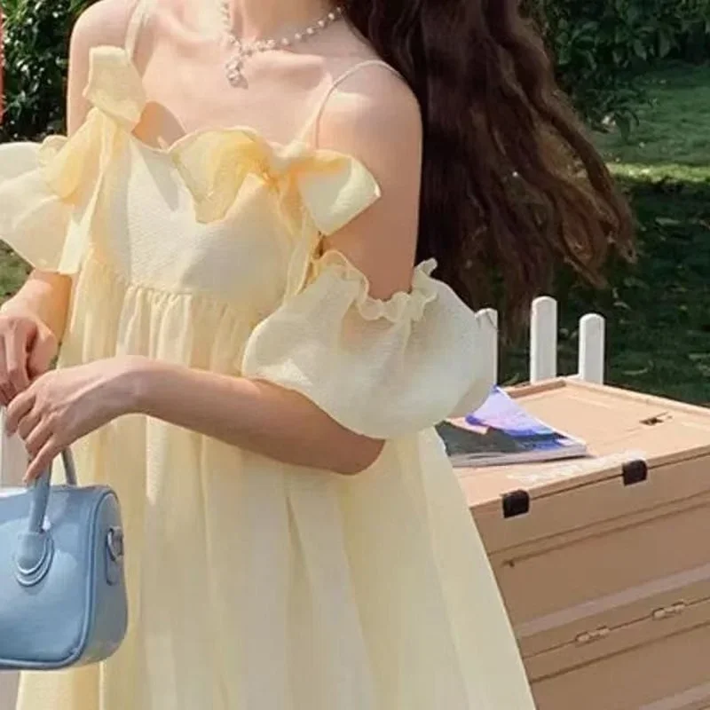 Sweet Sleeveless Dress Women Bow Princess Style Summer A-line Dating Party Casual Trendy Vestdios Female Girls Korean Version
