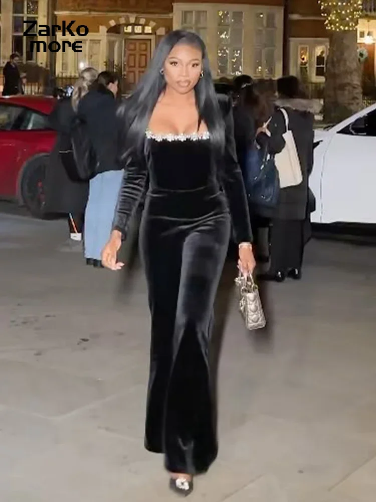 Square Collar Diamond Women Jumpsuit Solid High Waist Female Jumpsuits 2025 Fashion Sexy Slim Long-sleeved Lady Party Rompers