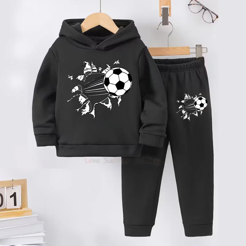 Autumn/Winter 2026 Boys Casual Sports Style Football Print Long Sleeve Fleece Hoodie Sweatpants Set Suitable for Outdoor Wear